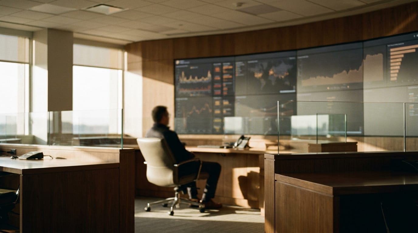 An enterprise operations room with glowing dashboards monitored by one person in warm afternoon light
