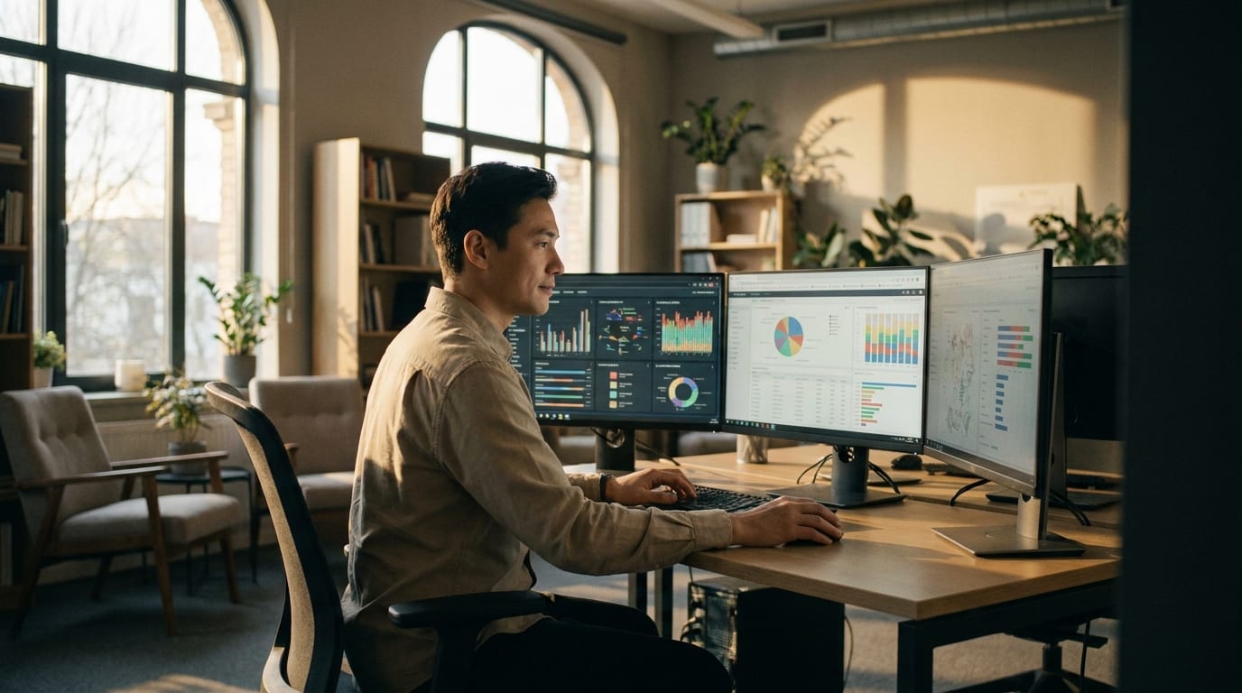 An operations specialist monitoring automated workflows across several screens in warm light