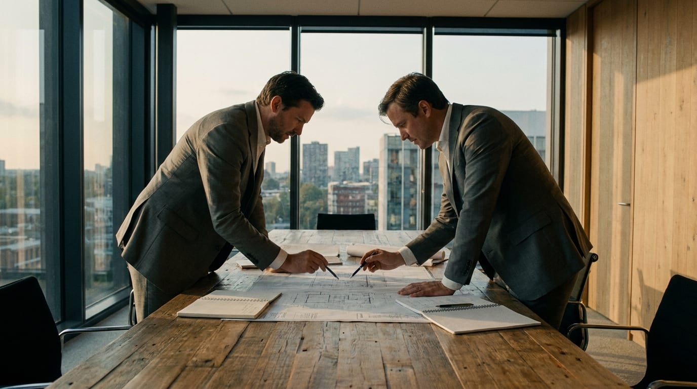 Two executives reviewing a plan together in a calm boardroom at golden hour