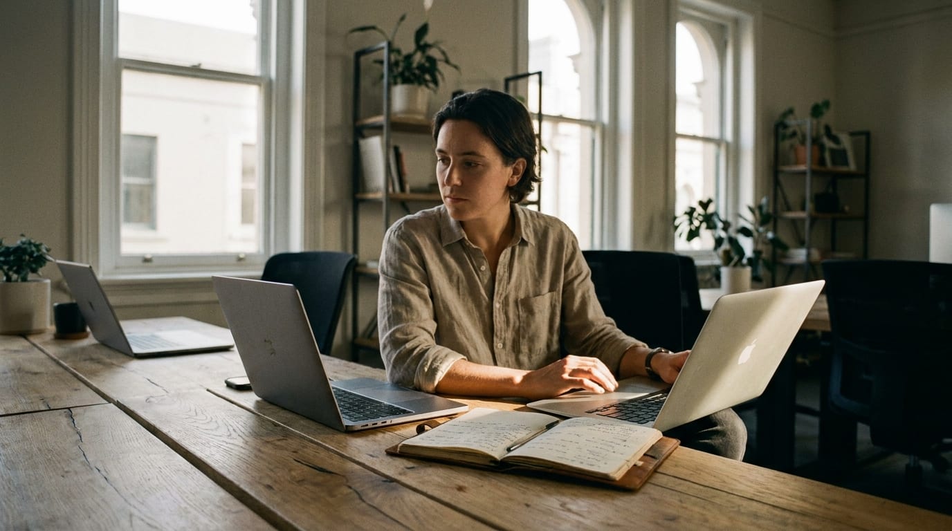 A strategist weighing options across two laptops and a notebook in warm afternoon light