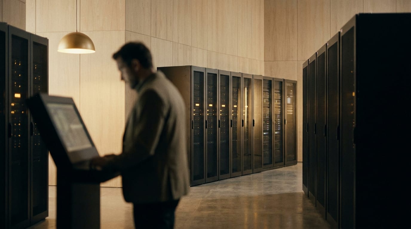 A clean modern data room with softly glowing server racks in warm light