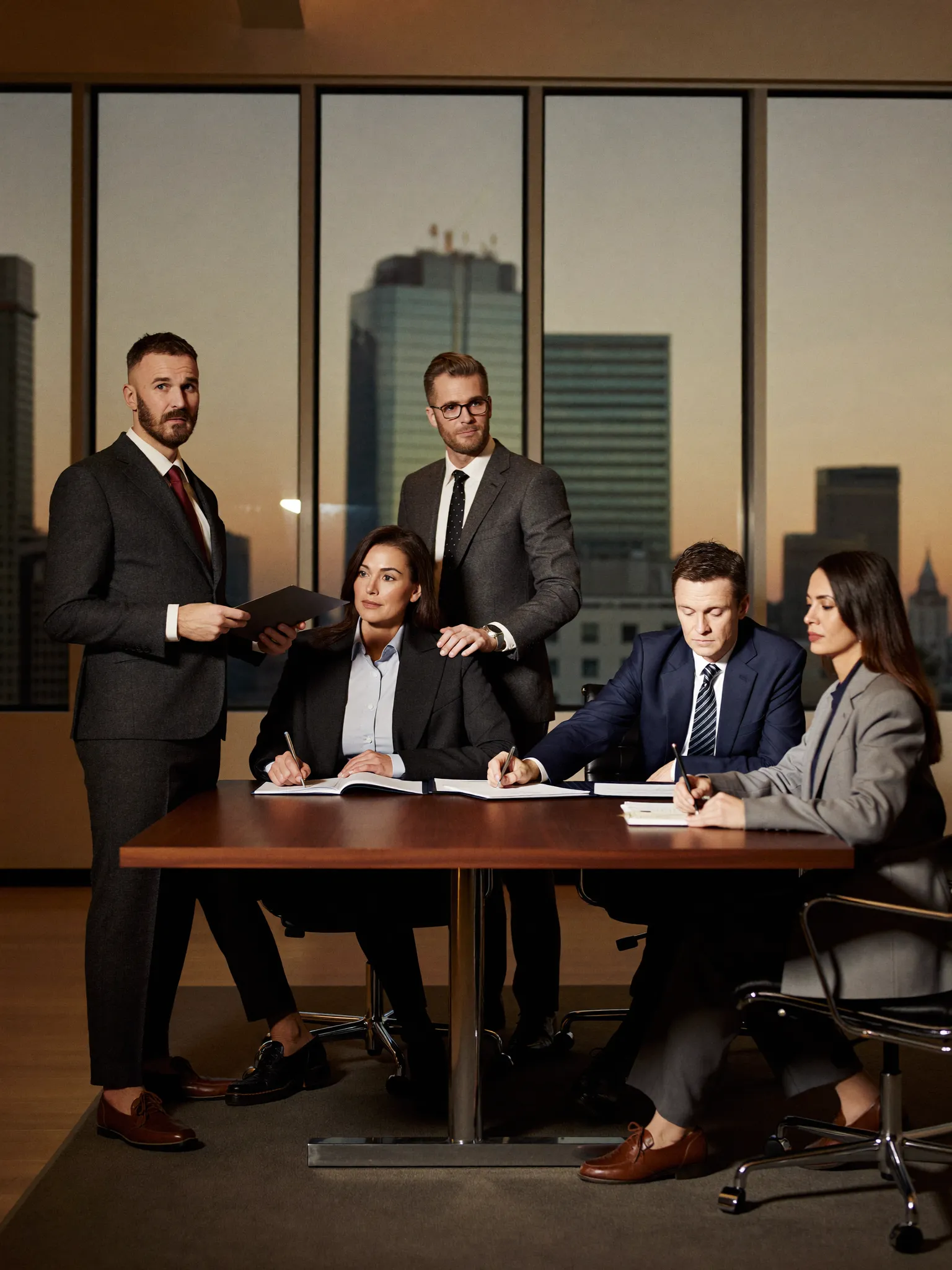 Partners standing around a boardroom table at dusk