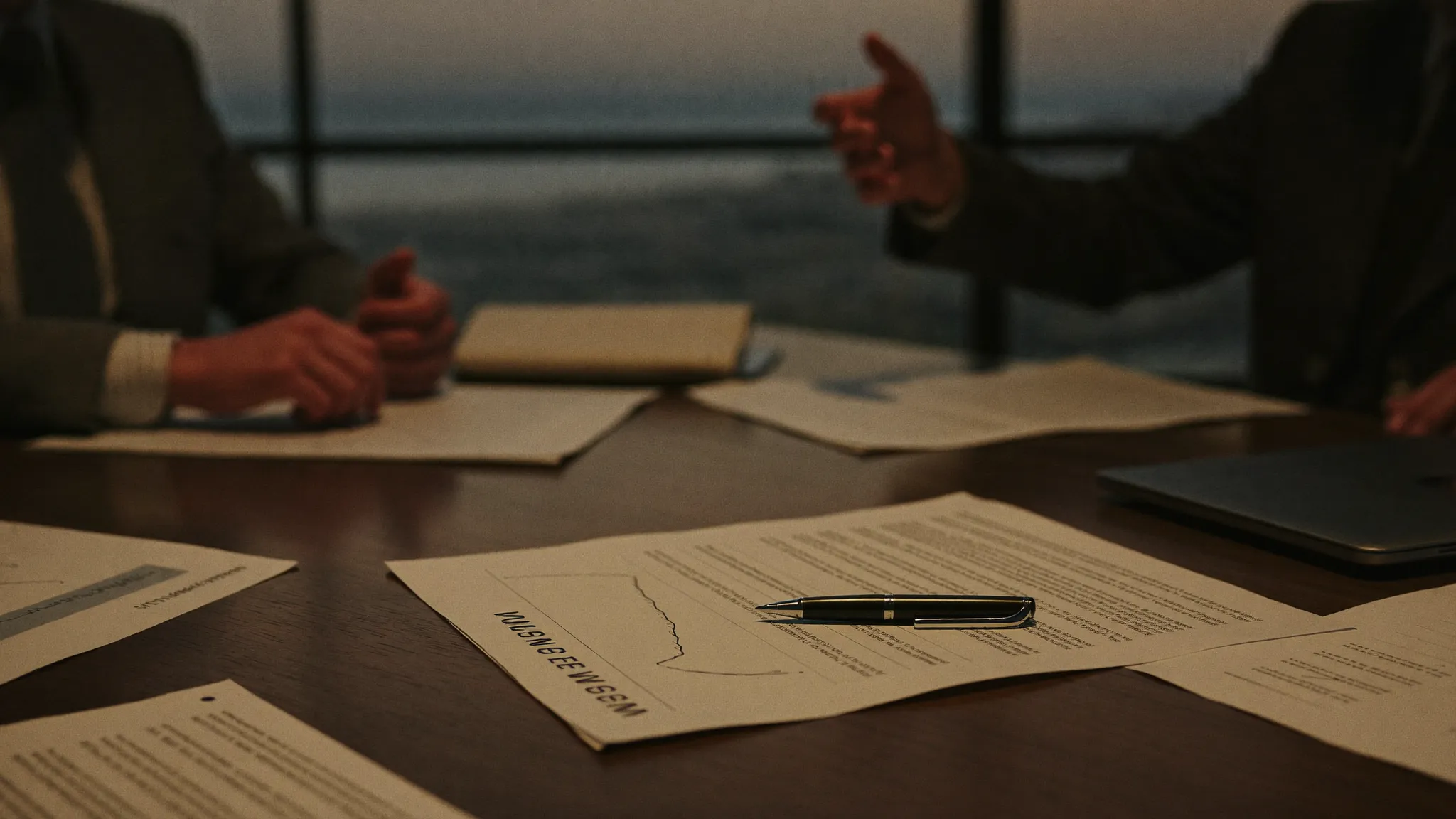 A deal table: documents, valuation charts, and a handshake at settlement