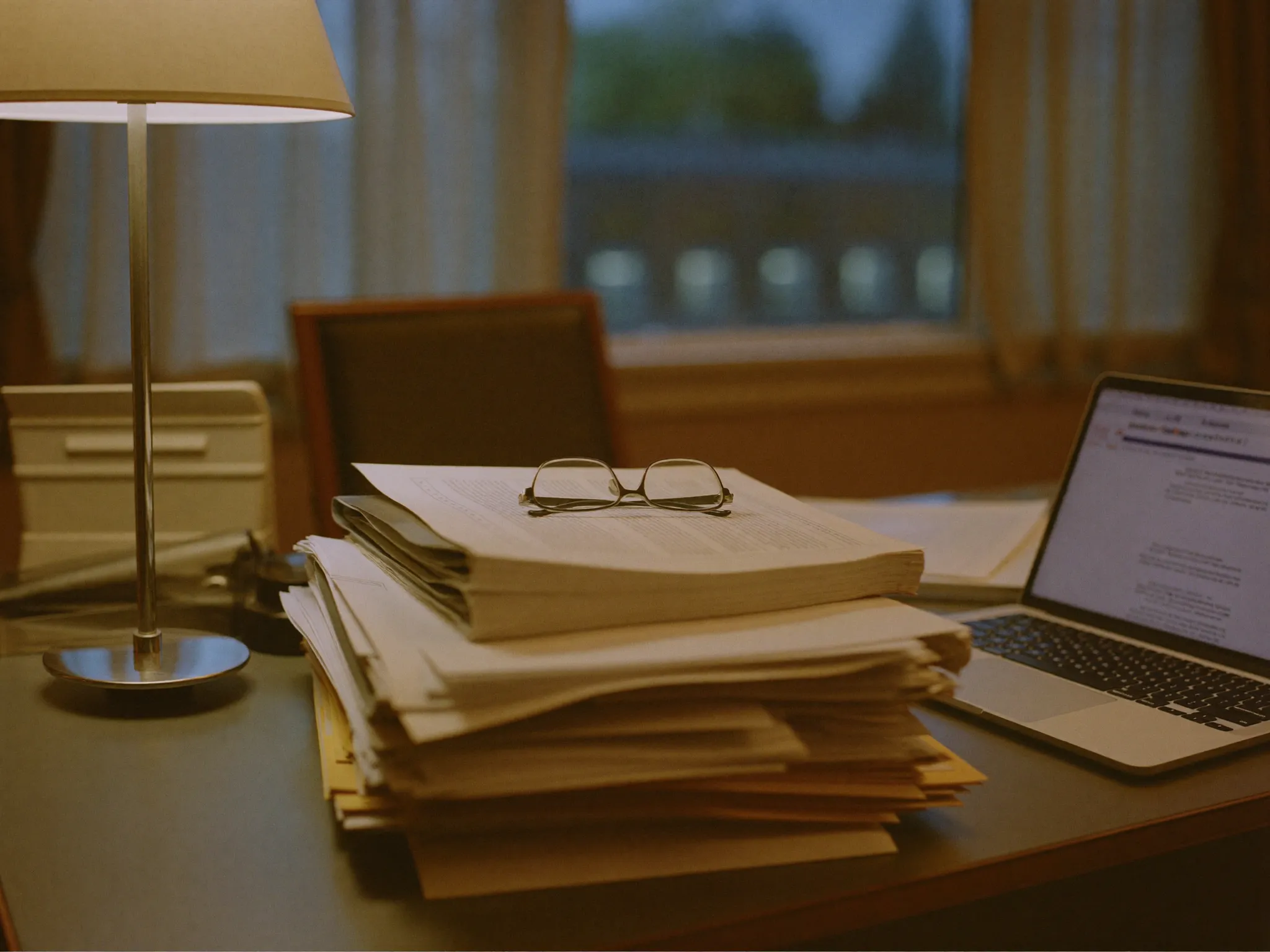 Ledgers and a laptop on an accountant's desk at dusk