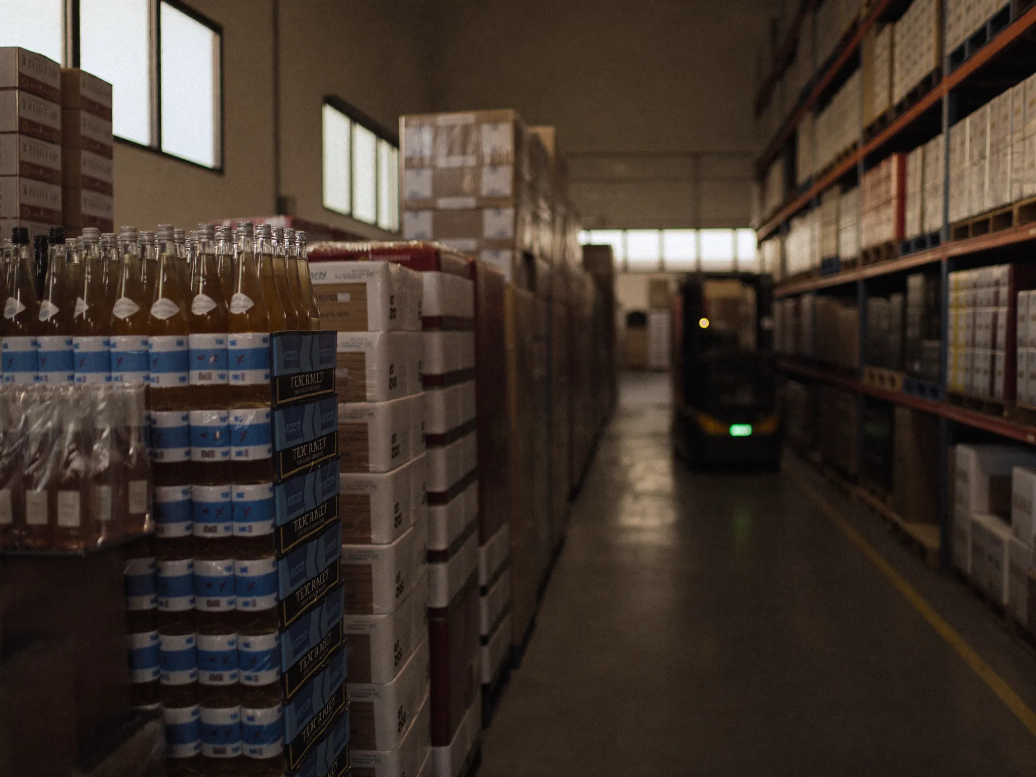 Racked cases in a wholesale liquor warehouse