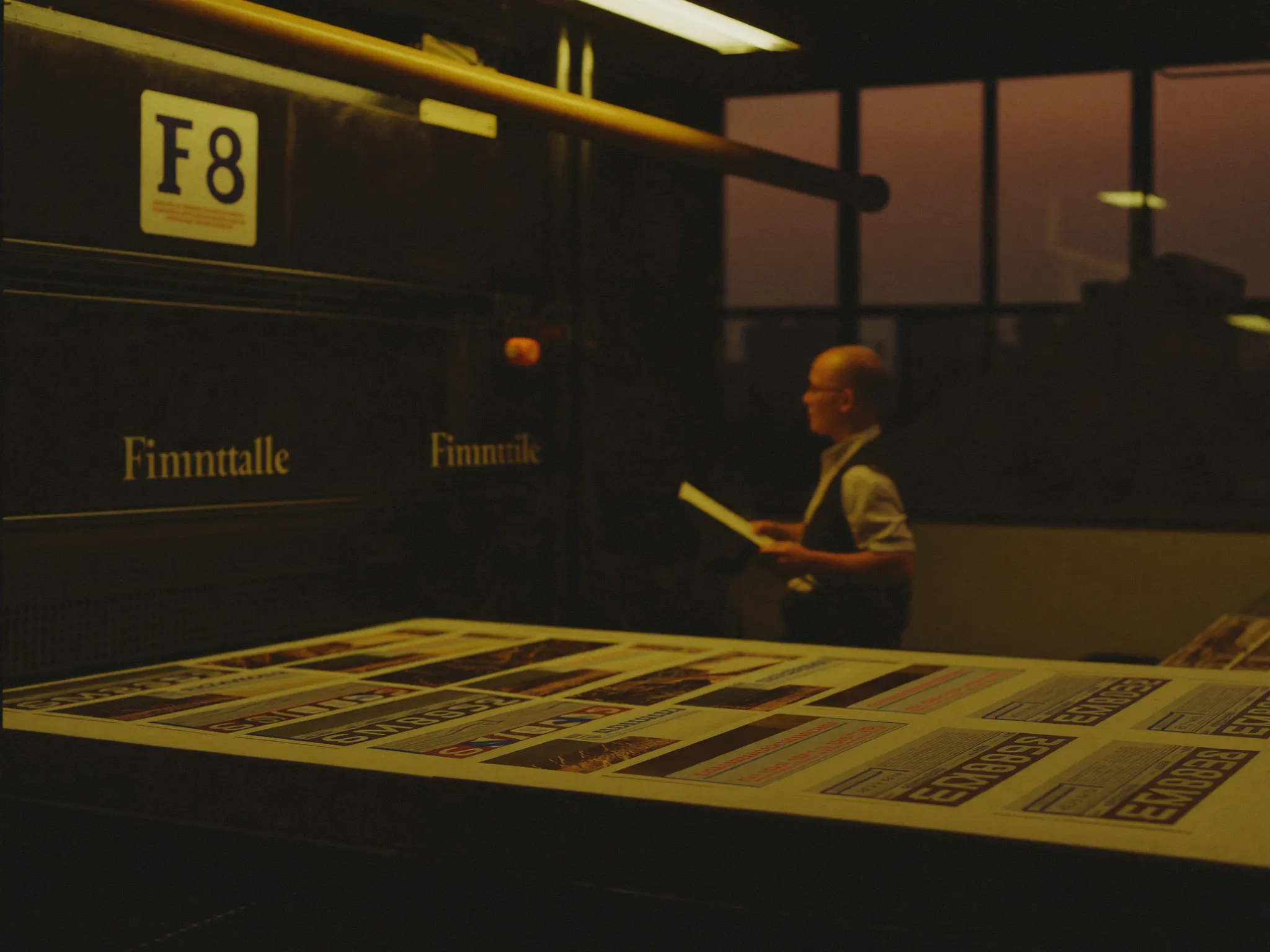 Offset press running in a printing factory at dusk